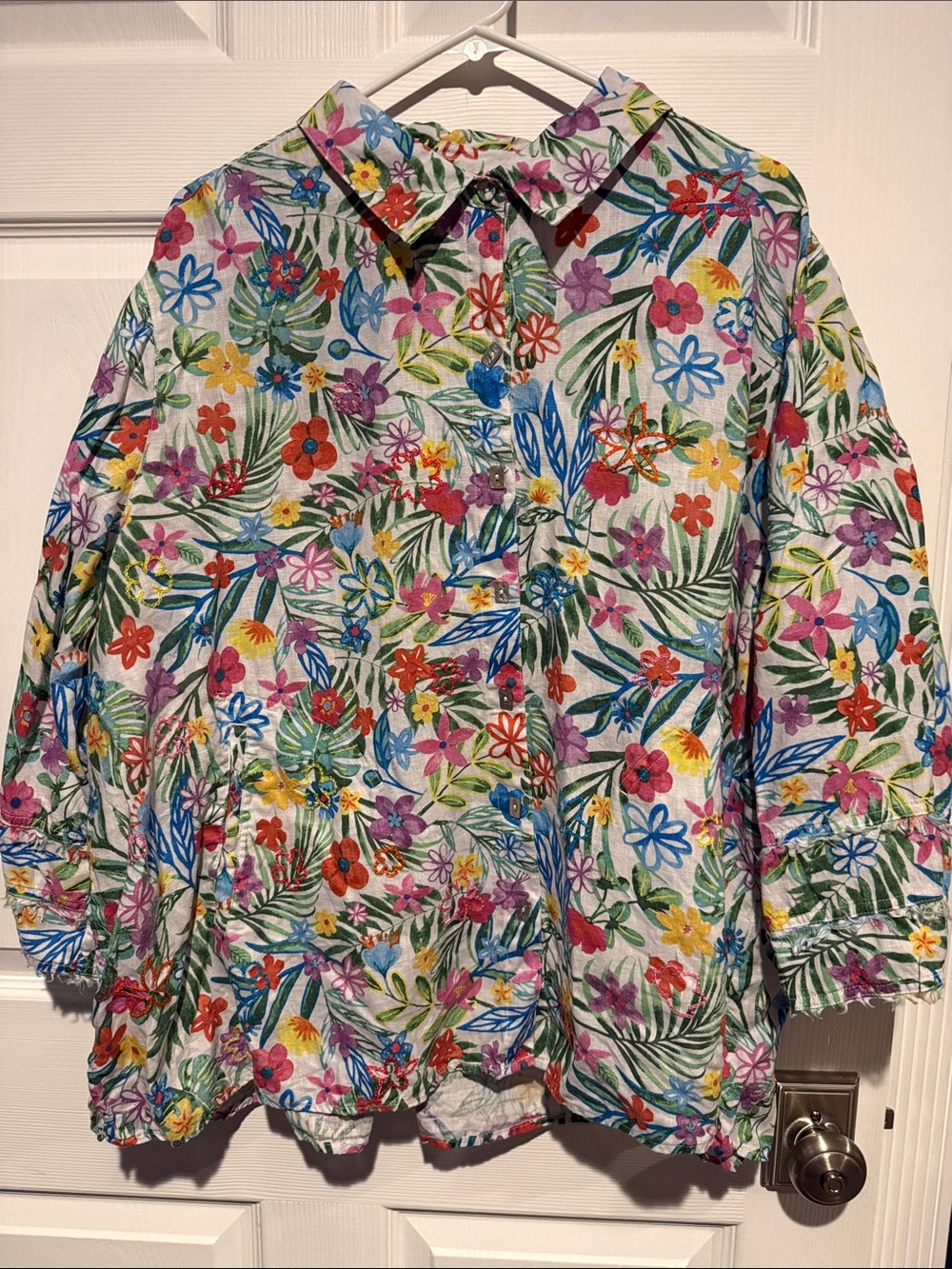 John Mark Women's Floral Button-Down Shirt in White with Multicolor Floral Print